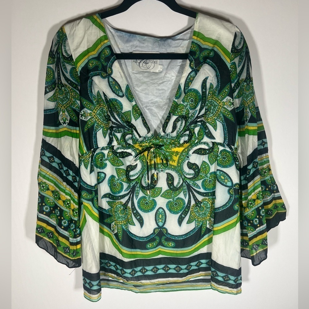 Vintage Y2K Alice & Trixie green blue paisley v-neck babydoll bell slv top sz L